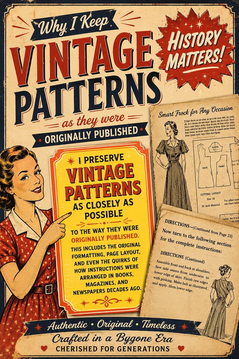 May include: A vintage-style poster titled Why I Keep VINTAGE PATTERNS as they were ORIGINALLY PUBLISHED. It features an illustration of a woman in a red dress, text about preserving patterns, and two paper inserts showing sewing instructions and diagrams.