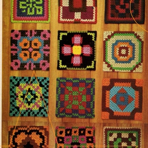 13 Vintage Granny Squares Crochet Blanket Pattern, 70s Sampler Afghan, Instant Digital Download pdf,  Retro Vibes Home Decor 42"x52"