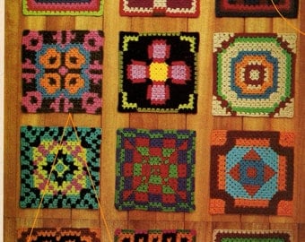 13 Vintage Granny Squares Crochet Blanket Pattern, 70s Sampler Afghan, Instant Digital Download pdf,  Retro Vibes Home Decor 42"x52"