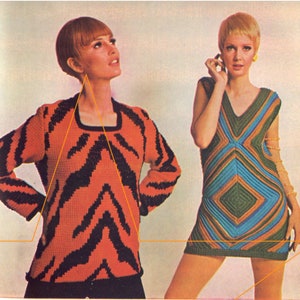 2 Patterns! Granny Square Dress Crochet Pattern with Matching Tiger Print Sweater, Vintage 70s Minidress, Instant Download pdf