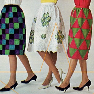 May include: Three women wearing different crochet skirts. The skirts are made of colorful squares, hexagons, and triangles. The women are wearing high heels.
