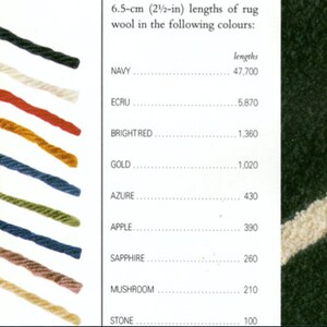 May include: A chart showing the lengths of rug wool in different colors. The colors are navy, ecru, bright red, gold, azure, apple, sapphire, mushroom, and stone. The lengths are measured in inches.
