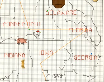 May include: Cross-stitch map of the United States with state names in red. Each state features a small icon representing its culture, such as a football helmet for Arkansas and a pig for Indiana. The background is a grid.