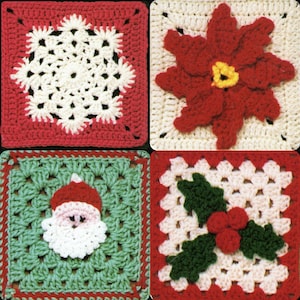 4 Christmas Holiday Winter Granny Square Motif Crochet Pattern PDF Instant Download Santa Clause Poinsettia Snowflake Holly Berry Grannies