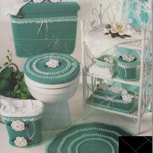 7 Piece Bathroom Set Toilet Paper Tissue Topper Rug Seat Lid & Tank Cover Crochet Patterns, Instant Download pdf, Groovy Grandma!