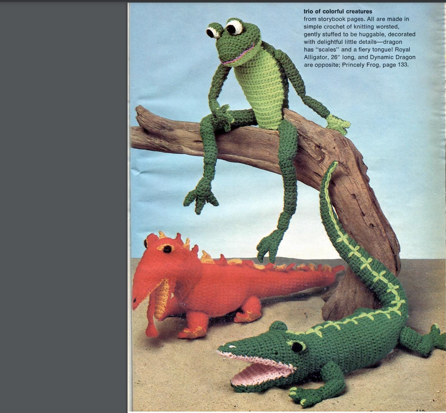 ドラゴンフロッグワニぬいぐるみ3体かぎ針編みパターン、ぬいぐるみ