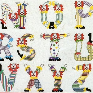 May include: A colorful alphabet with each letter formed by a clown figure. The letters are N, O, P, R, S, T, U, V, W, X, Y, and Z. Each clown is wearing a different patterned outfit.