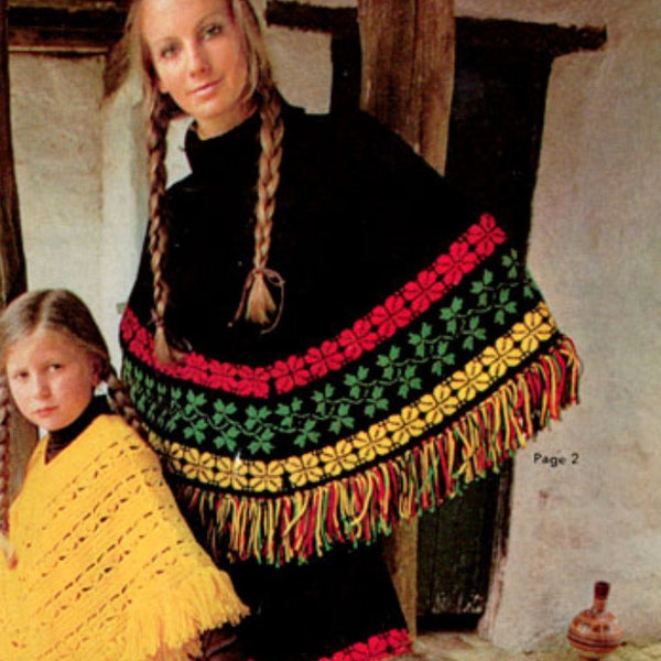 Vintage Poncho & Skirt Knitted Patterns Set Boho Outfits, Instant Digital Download pdf, Womens Cape Festival Vibes!
