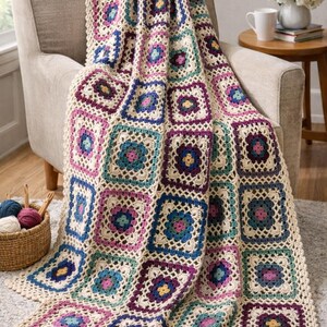 Hygge Burst Grandma Square Blanket パターン PDF、55インチ x 72インチ ウーステッドウェイトヤーン、すぐに使えるデジタルダウンロード