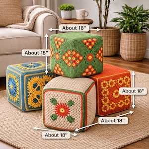 4 Granny Square Floor Pillow Crochet Patterns pdf: Instantly Download these Ottoman Footstools Pillows with a Super 70s Vibe!