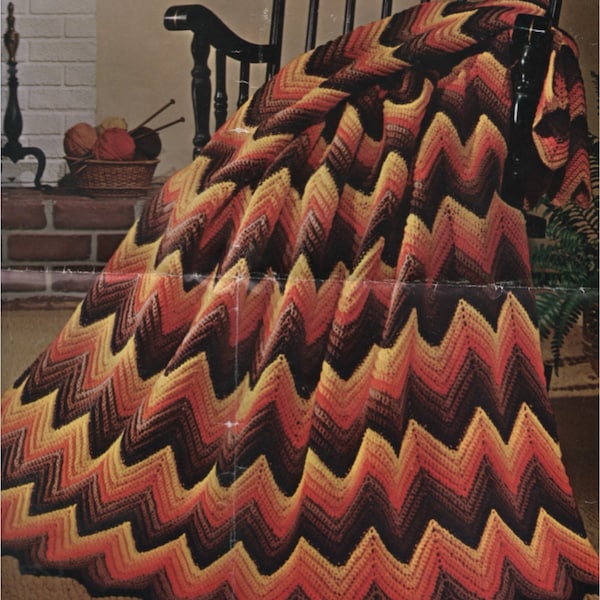 7 Color Charts, Rustic Knit Ripple Afghan Pattern, Vintage 70s Chevron Instant Digital Download pdf, Boho Blanket 45x60
