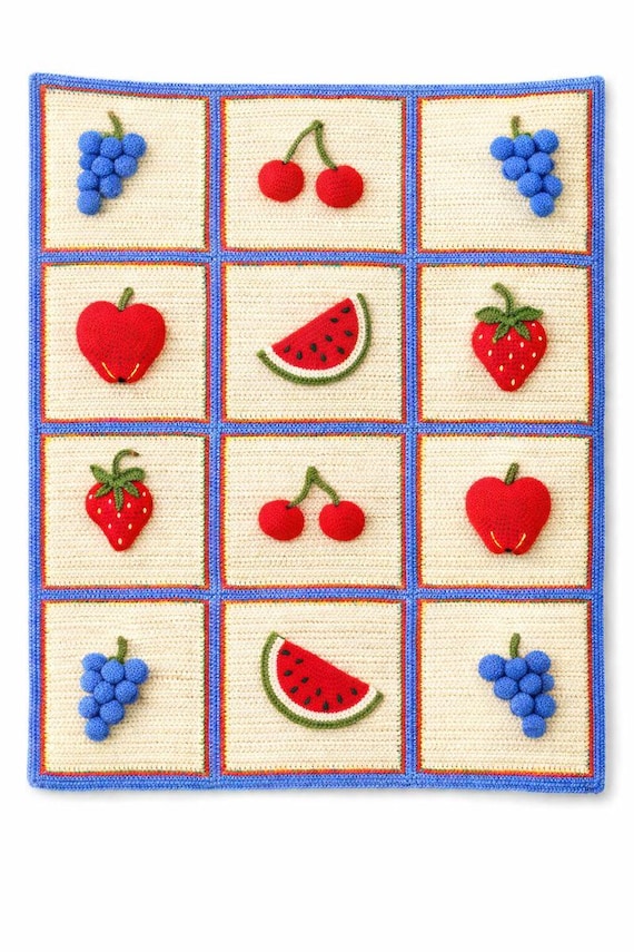 Cherries, Berries, Apples Delicious Fruit Blanket Crochet Pattern pdf - Perfect Picnic Afghan!  All Crocheted (no cross-stitch)