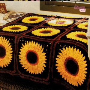 Rustic Sunflower Blanket Crochet Pattern pdf Instant Digital Download, 80s Vibe with Oversized Sunflowers