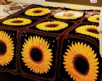 Rustic Sunflower Blanket Crochet Pattern pdf Instant Digital Download, 80s Vibe with Oversized Sunflowers