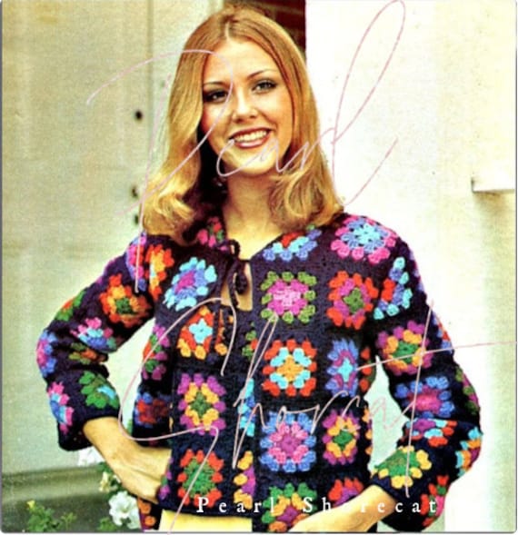 1970s Vintage Granny Square Sweater Set Crochet Pattern Retro 
