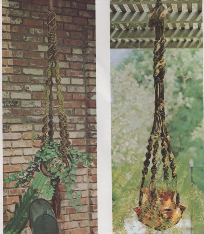 May include: Two macrame plant hangers. One is suspended in front of a brick wall, holding a pot with green leafy plants. The other is hanging outdoors, holding a decorative pot filled with greenery. Both are made of brown and green rope.