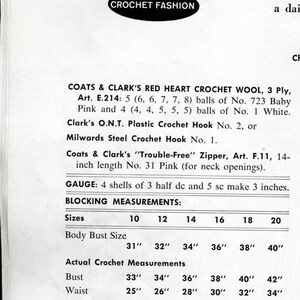 May include: A vintage crochet pattern instruction sheet titled Red Heart Crochet Fashion. The text lists materials including Coats & Clark's Red Heart Crochet Wool, a 14-inch zipper, and crochet hooks. It provides a gauge and a table of measurements.