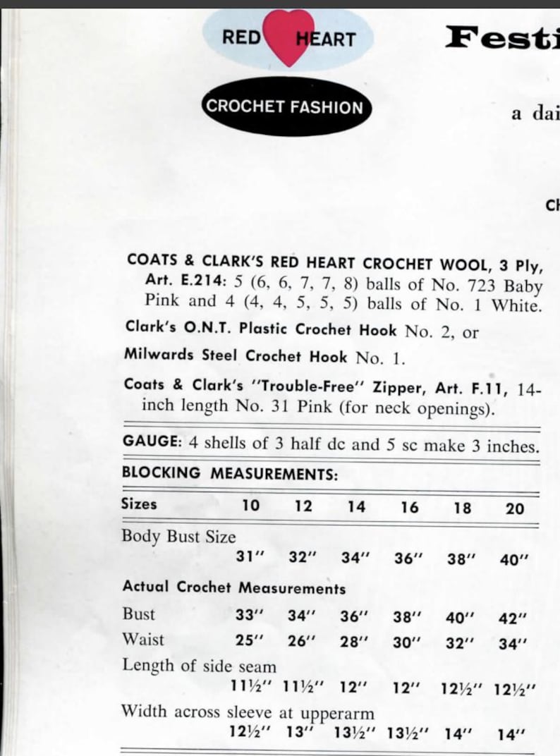 May include: A vintage crochet pattern instruction sheet titled Red Heart Crochet Fashion. The text lists materials including Coats & Clark's Red Heart Crochet Wool, a 14-inch zipper, and crochet hooks. It provides a gauge and a table of measurements.