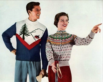 2 Vintage Fair Isle Ski Sweater Knitting Patterns pdf Instant Digital Download, Create Your Own Winter Wonderland for Men Women's 1950s Tops