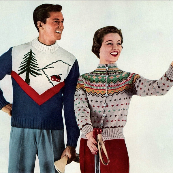 2 Vintage Fair Isle Ski Pullover Strickmuster Pdf Sofortiger digitaler Download, erstellen Sie Ihr eigenes Winterwunderland für Männer Frauen 1950er Jahre Tops