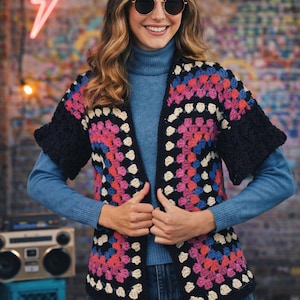 70s Granny Square Cardigan Sweater Crochet Pattern pdf Instant Digital Download, Easy & Funky Trending Woman's and Men's Top