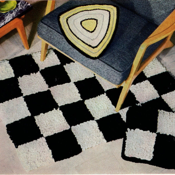 Vintage Rug Crochet Pattern Checkered Matching Instant Digital Download pdf eBook, Retro MCM Bathroom