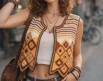 Vintage gehaakt vestpatroon pdf | Oma vierkant hemd uit de jaren 70 | Gehaakte top voor bohofestivals | Retro mouwloos vest