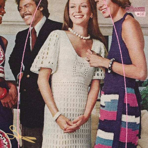 Groovy 70s Bell Sleeve Long Crochet Dress Pattern pdf Instant Digital Download, Wedding White Women's Dress