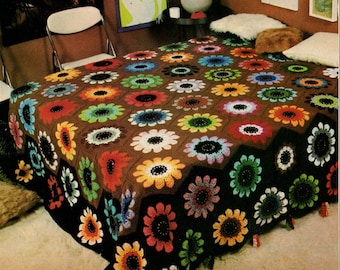 70s Sunflowers Crochet Blanket Pattern pdf,  Large Flowers Afghan or Bedspread, Instant Digital Download pdf,  Retro Vibes 107" x 126"