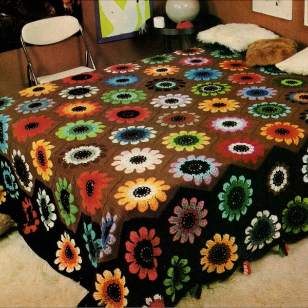 70s Sunflowers Crochet Blanket Pattern pdf,  Large Flowers Afghan or Bedspread, Instant Digital Download pdf,  Retro Vibes 107" x 126"