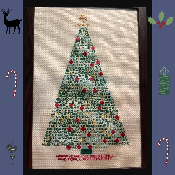 Vintage Cross Stitch Pattern 1970s Twas The Night Before Christmas, Tree Shape Holiday Poem