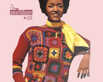 70s Granny Square Crochet Sweater Pattern, Instant Digital Download pdf, Sizes 8 10 12 14 16 18, So Funky and Fun!