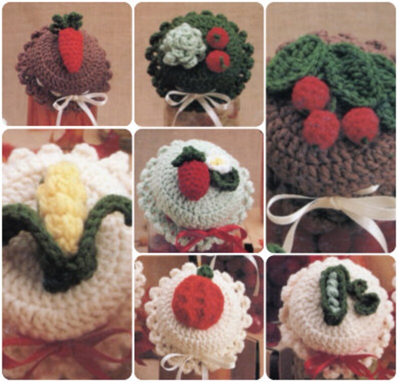 May include: Set of nine crocheted jar lids with various fruit and vegetable designs. The lids are made in white, brown, green, and red yarn. The designs include a carrot, a strawberry, a bunch of cherries, a corn cob, a cabbage, and an apple.
