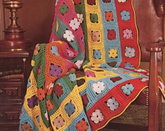 Floral Picnic Blanket Crochet Pattern, Retro 1970s Vibe, Flowers Couch Throw Home Decor Afghan, Instant Digital Download pdf 50x60