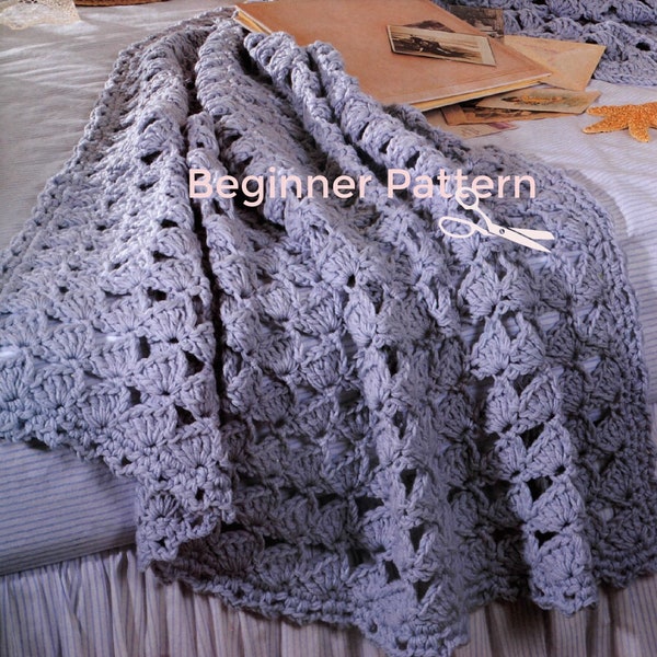 Beginner Shell Stitch Crochet Blanket Pattern, Ocean Breeze 80s Afghan, Instant Digital Download eBook pdf,  Beach Vibes!