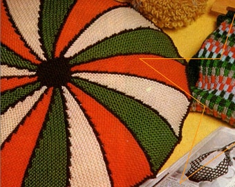 Rainbow Pillow Cover Knitting Pattern, Decorative Round Throw Pillowcase Retro Home Decor PDF Instant Digital Download 19"
