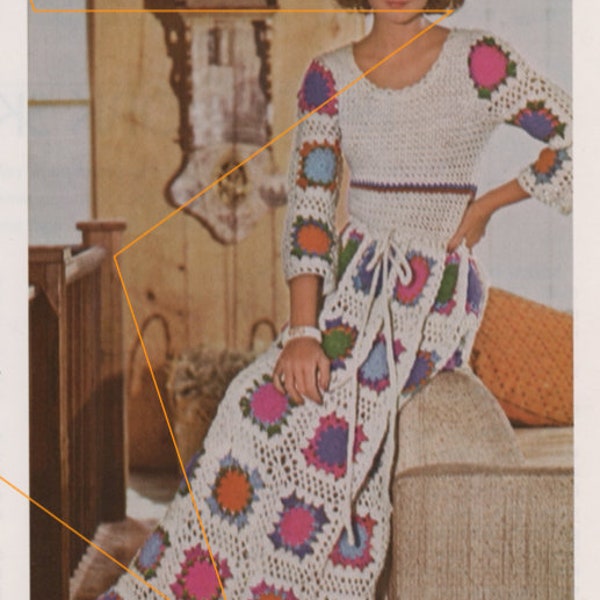 Long Granny Square Dress Crochet Pattern, Instant Digital Download pdf eBook, Bust Size 32 34 36, Vintage Vibes!