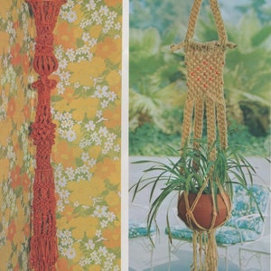May include: Two macrame plant hangers. One is a long, red, decorative piece hanging against a floral wallpaper. The other is a beige plant hanger with a terracotta pot holding a green plant. The plant hanger is suspended from a rope.