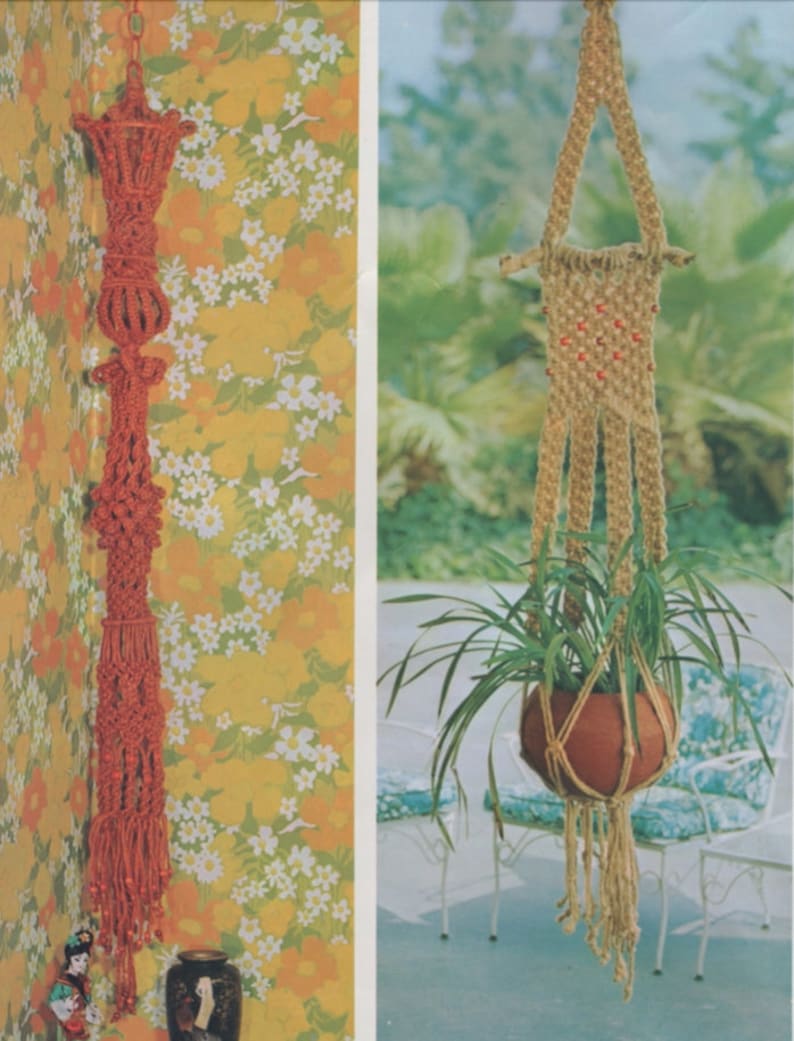 May include: Two macrame plant hangers. One is a long, red, decorative piece hanging against a floral wallpaper. The other is a beige plant hanger with a terracotta pot holding a green plant. The plant hanger is suspended from a rope.