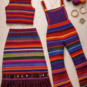 Festival Outfit Bell Bottoms Overalls Long Maxi Skirt & Boho Sweater Vest Crochet Patterns, 70s Retro Jumper, Instant Digital Download pdf image 5