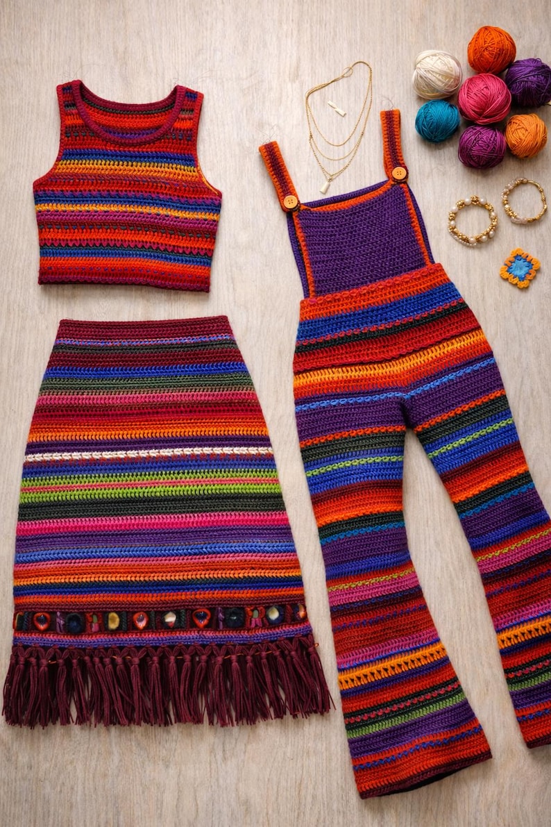 Festival Outfit Bell Bottoms Overalls Long Maxi Skirt & Boho Sweater Vest Crochet Patterns, 70s Retro Jumper, Instant Digital Download pdf image 5