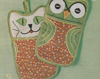 2 têtes de chat et hibou vintage des années 60, mitaines de cuisine et porte-casseroles, patrons de couture pdf Téléchargement instantané, ambiance rétro !