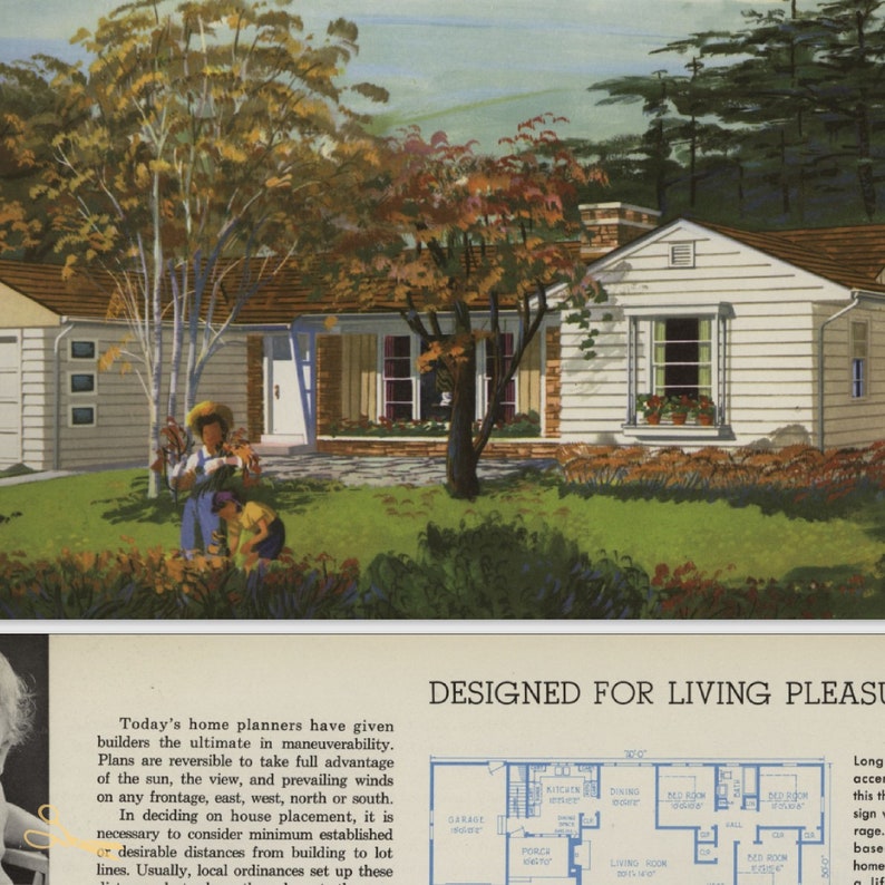 Pu&ograve; includere: Una casa bianca con un prato verde e un cielo blu. La casa ha un garage, un portico e un soggiorno. Il testo "DESIGNED FOR LIVING PLEASURE" &egrave; scritto in lettere nere su sfondo bianco.