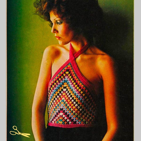 Retro Vibes: 1970s Crochet Pattern for Granny Stripe Halter Tank Top - Digital PDF