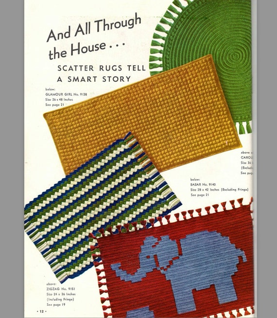 4 1940s Bathroom or Kitchen Rug Crochet pdf Patterns, Instant Download, Kitschy Elephant, Stripes, Solids Rectangle and One Round!