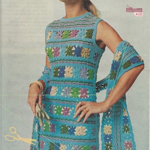 2 Granny Flower Crochet Dress Pattern and Matching Scarf Patterns - PDF Instant Digital Download, Groovy Summer Festival Vibes SML