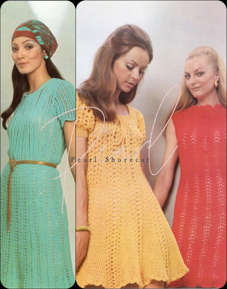 May include: Three women wearing crocheted dresses. The dress on the left is turquoise, the middle dress is yellow, and the dress on the right is red. The text "Pearl Shorecat" is visible in the image.
