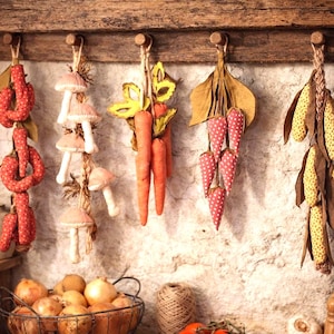 5 Kitchen Decorative Sewing Patterns PDF, Delicious Hanging Peppers, Carrots, Mushrooms, Turnips, and Corn