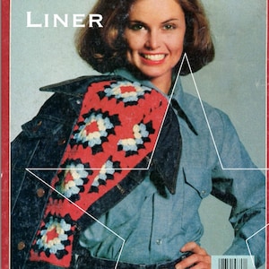 May include: A vintage denim jacket with a red, white, and blue floral crochet liner. The image features the text "JEAN JACKET LINER" at the top and "PEARLSHORECAT" at the bottom. The model is wearing a denim shirt and jeans.