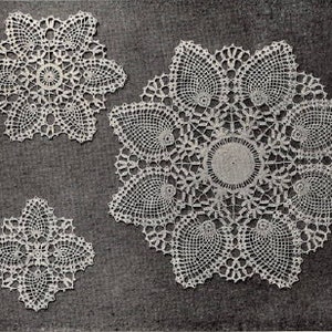 May include: Three white crocheted doilies of different sizes. The largest doily is circular with a detailed design of repeating flower-like patterns. The two smaller doilies are star-shaped.